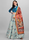 Navy Blue Floral Printed Silk Lehenga Choli