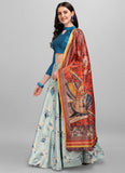 Navy Blue Floral Printed Silk Lehenga Choli