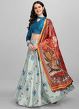 Navy Blue Floral Printed Silk Lehenga Choli