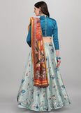 Navy Blue Floral Printed Silk Lehenga Choli