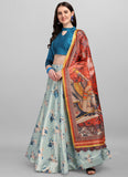 Navy Blue Floral Printed Silk Lehenga Choli