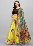 Yellow Satin Floral Lehenga Choli with Multicolor Dupatta