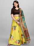 Yellow Satin Floral Lehenga Choli with Multicolor Dupatta