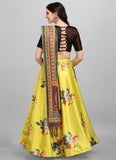 Yellow Satin Floral Lehenga Choli with Multicolor Dupatta