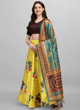 Yellow Satin Floral Lehenga Choli with Multicolor Dupatta