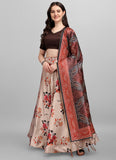 Beige Floral Printed Silk Lehenga with Brown Choli and Dupatta