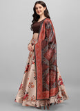 Beige Floral Printed Silk Lehenga with Brown Choli and Dupatta