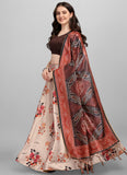 Beige Floral Printed Silk Lehenga with Brown Choli and Dupatta