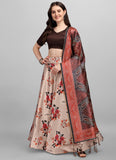 Beige Floral Printed Silk Lehenga with Brown Choli and Dupatta