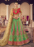 Green Color Jacquard Silk Fabric Zari And Stone Work Lehenga