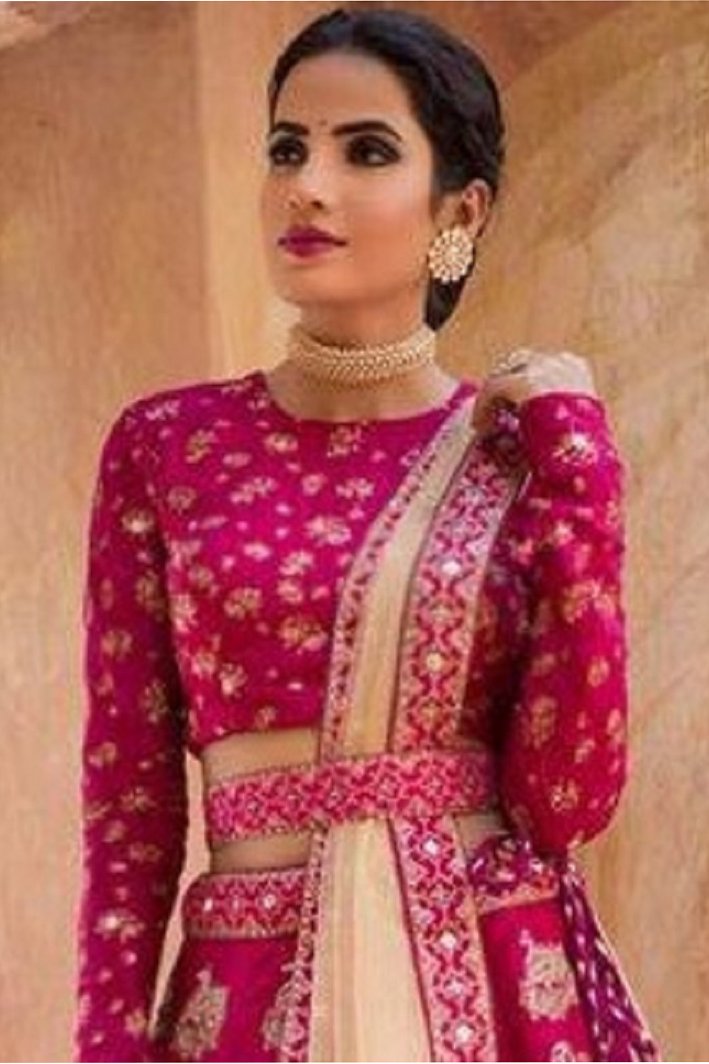 Bridal Wear Designer Semi Stitched Pink Taffeta Silk Lehenga Choli