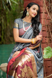 Grey Silk Weaving Saree With Rich Zari Lining Pallu And Contrast Zari Blouse Piece - Cygnus Fashion