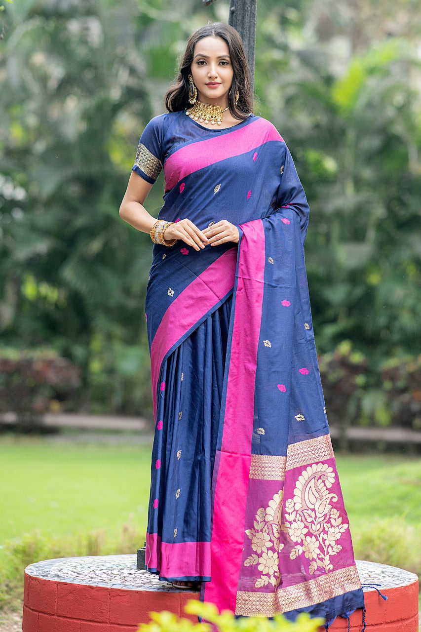 Blue Silk Weaving Saree With Rich Zari Lining Pallu And Contrast Zari Blouse Piece - Cygnus Fashion