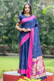 Blue Silk Weaving Saree With Rich Zari Lining Pallu And Contrast Zari Blouse Piece