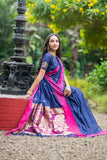 Blue Silk Weaving Saree With Rich Zari Lining Pallu And Contrast Zari Blouse Piece - Cygnus Fashion