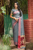 Grey Silk Weaving Saree With Rich Zari Lining Pallu And Contrast Zari Blouse Piece