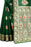 Dark Green Litchi Silk Jacquard Saree With Jari Work