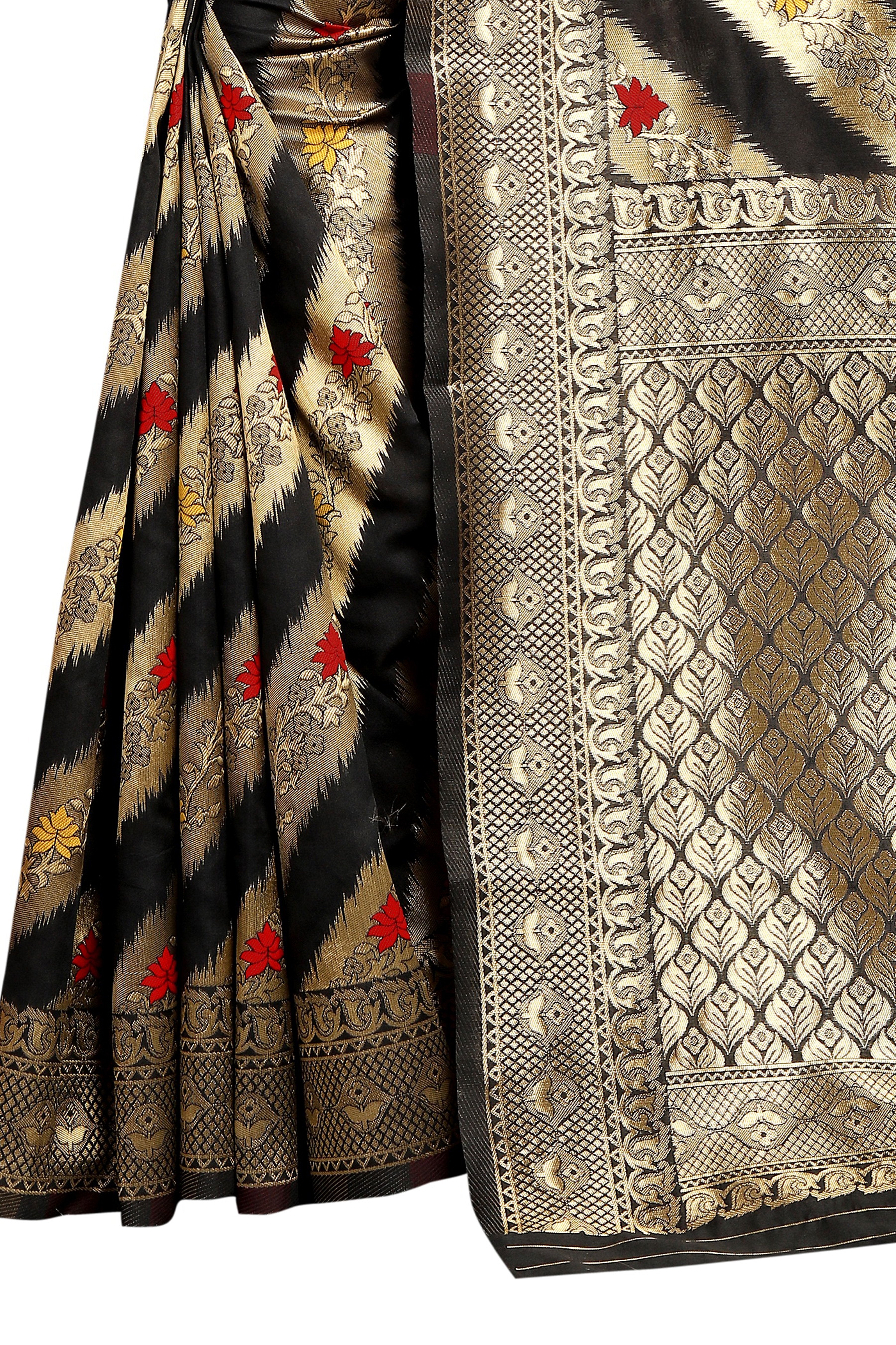Black Striped Printed  Jacquard Saree With Jari Work