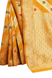 Yellow Striped Printed  Jacquard Saree With Jari Work