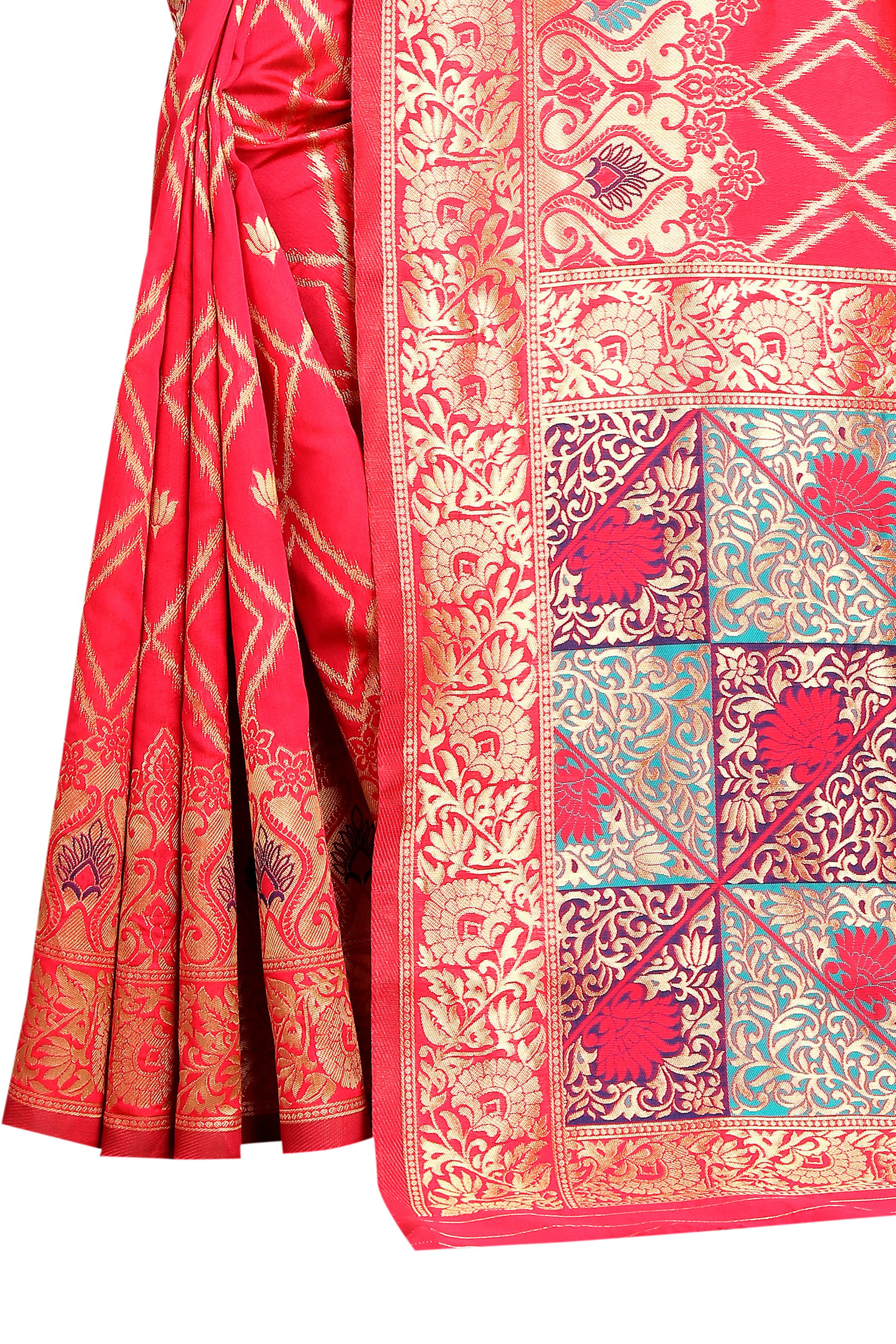 Pink   Zigzag Lines Printed   Silk Jacquard Saree
