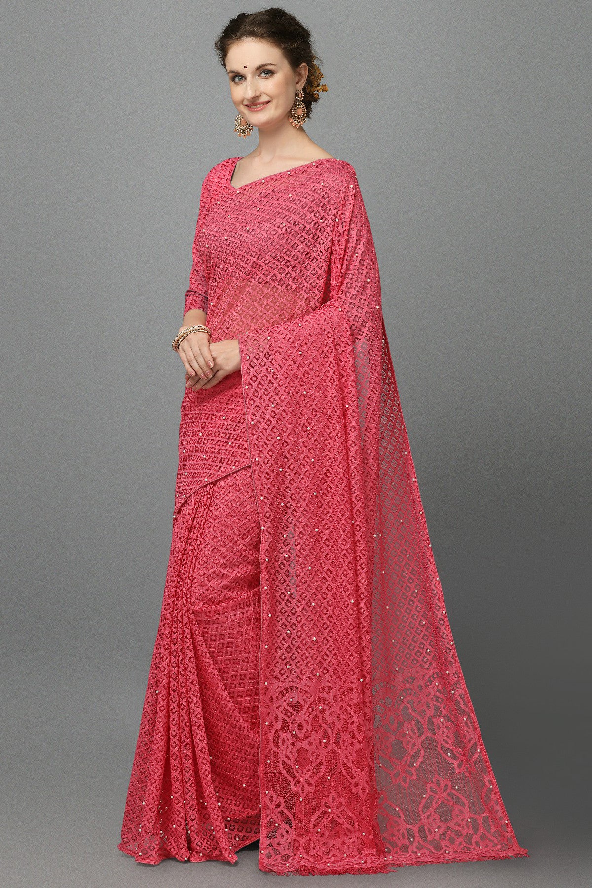 Light Red Colour Fancy Stone Work Saree