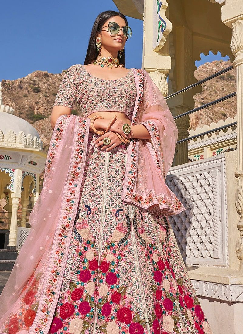Hot pink embroidered lehenga choli with bow For Dogs