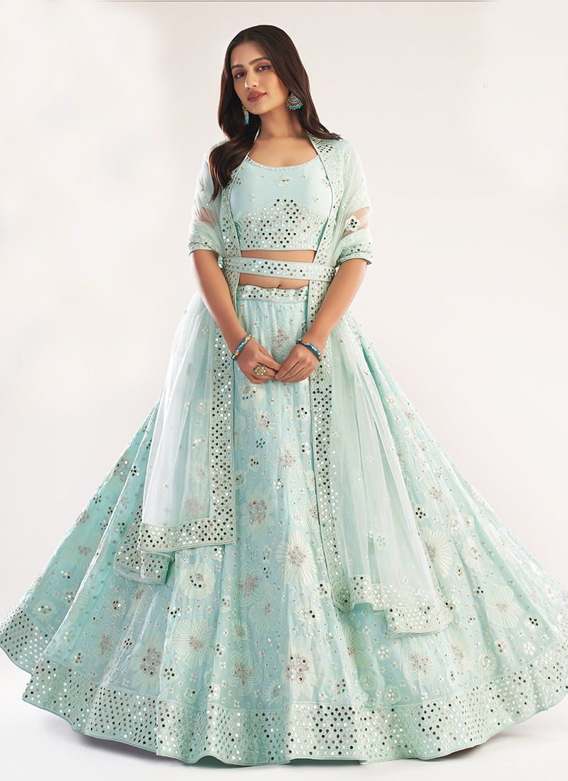 Sea Green Sequins Embellished Raw Silk Lehenga Choli With Dupatta - Zakarto