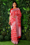 Red-White Woven Silk Jacquard Saree - Cygnus Fashion