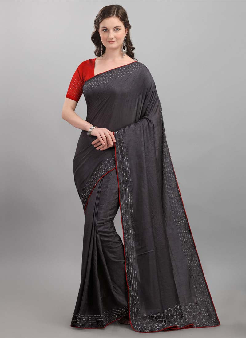 Trendy Pearl Grey Dola Silk Polyester Saree with Red Blouse