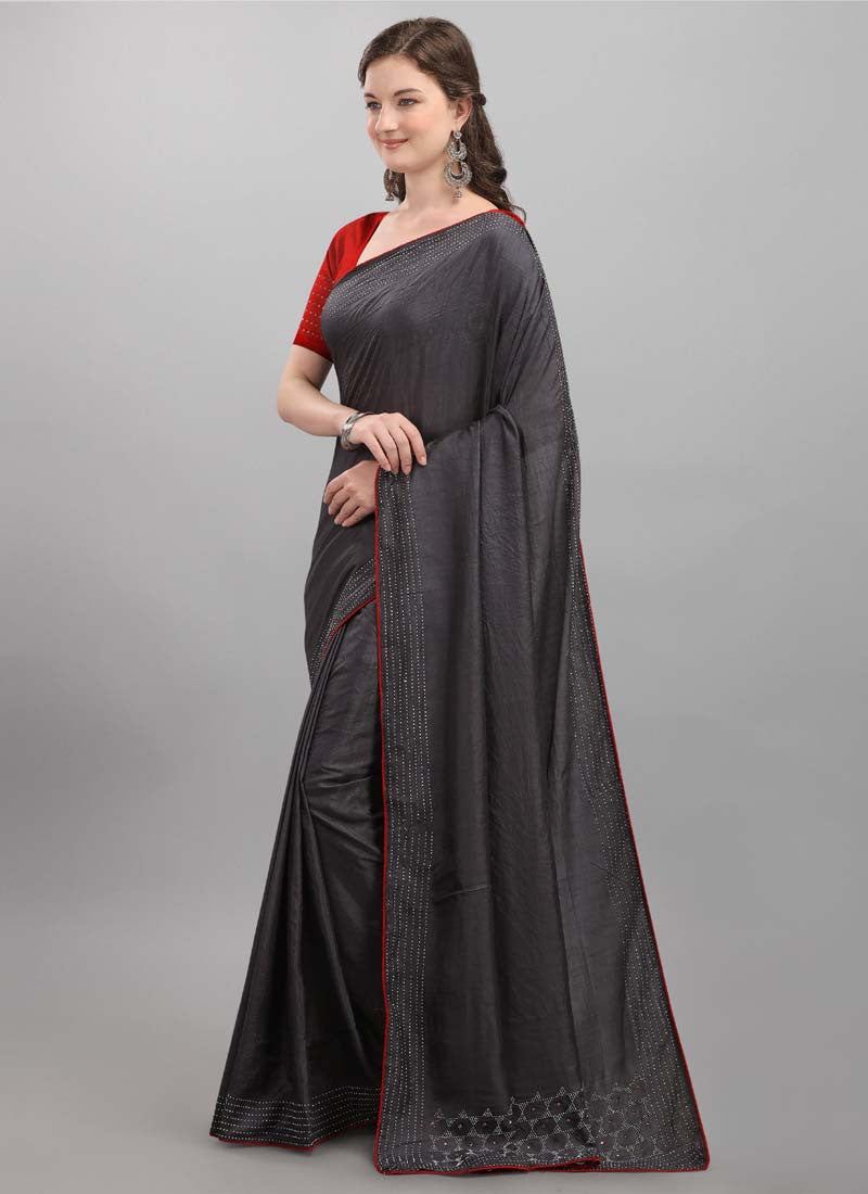 Trendy Pearl Grey Dola Silk Polyester Saree with Red Blouse