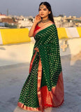 Glossy Green and Red Soft Banarasi Lichi Silk Saree with Golden Zari Work