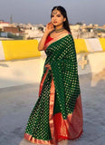 Glossy Green and Red Soft Banarasi Lichi Silk Saree with Golden Zari Work