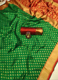 Glossy Green and Red Soft Banarasi Lichi Silk Saree with Golden Zari Work