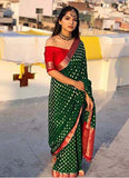 Glossy Green and Red Soft Banarasi Lichi Silk Saree with Golden Zari Work