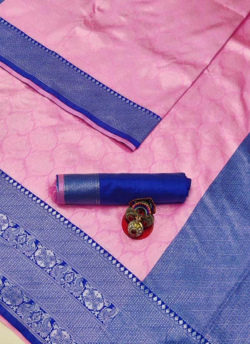 Designer Baby Pink and Blue Soft Banarasi Lichi Silk Party Wear Saree