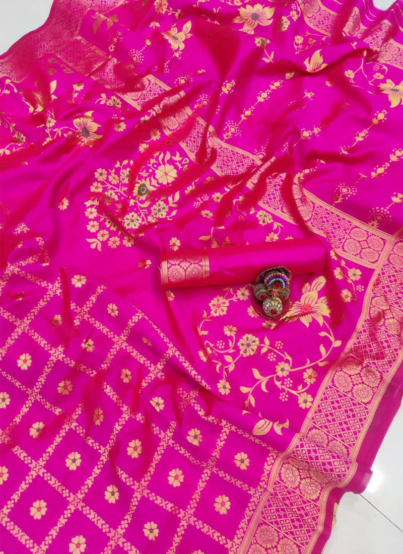 Hot Pink Silk Saree with Golden Zari Design