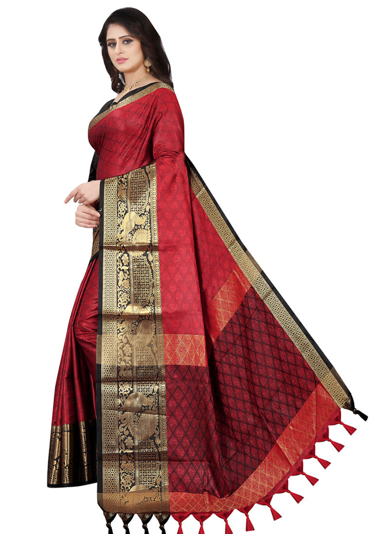 Latest Red Cotton Silk Printed Saree With Heavy Border