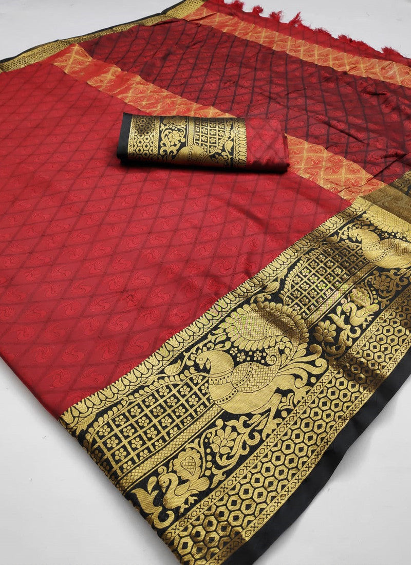 Latest Red Cotton Silk Printed Saree With Heavy Border