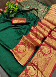 Designer Green Cotton Silk Saree With Matching Blouse