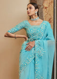 Beautiful Sky Blue Designer Organza Saree With Matching Blouse