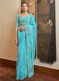 Beautiful Sky Blue Designer Organza Saree With Matching Blouse