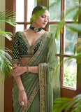 Glamorous Green Colored Pure Organza Silk Base Saree With Blouse Piece