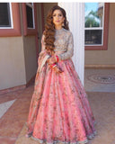 Amazing Pink Floral Digital Printed Organza Silk Bridal Lehenga With Grey Choli And Dupatta