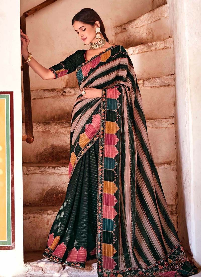 Black Color Georgette Base Sequins And Resham Work Party Wear Saree With Same Look Blouse
