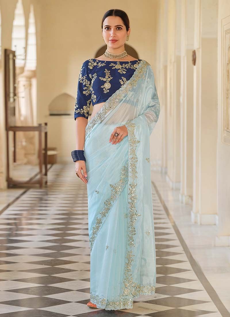 What color blouse would go with a sky blue color silk saree? - Quora