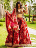 Auspicious Maroon Floral Heavy Digital Printed Organza Silk Embroidered Bridal Lehenga With Choli And Dupatta