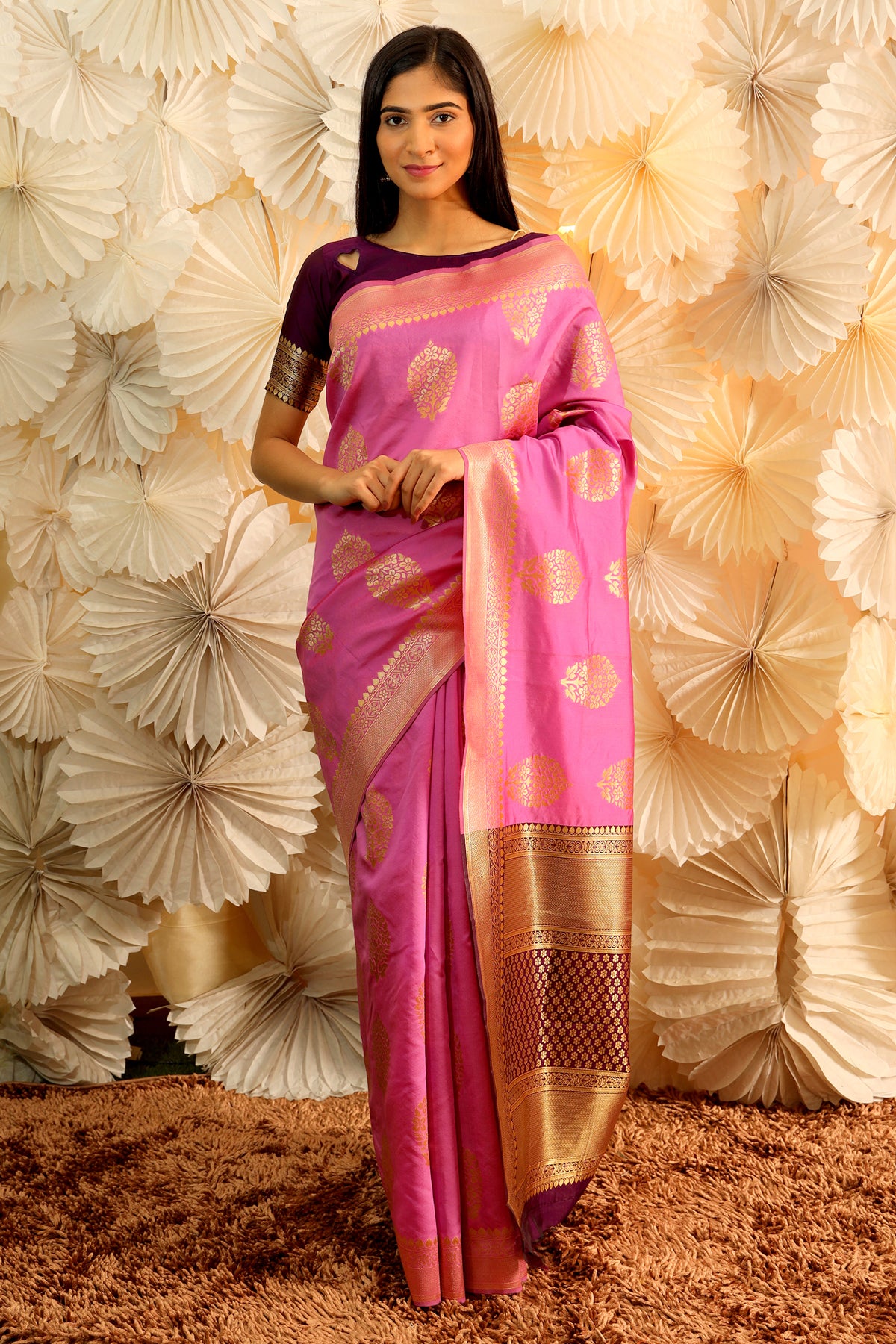 Pink Pure Silk With Wine Blouse Fancy Saree