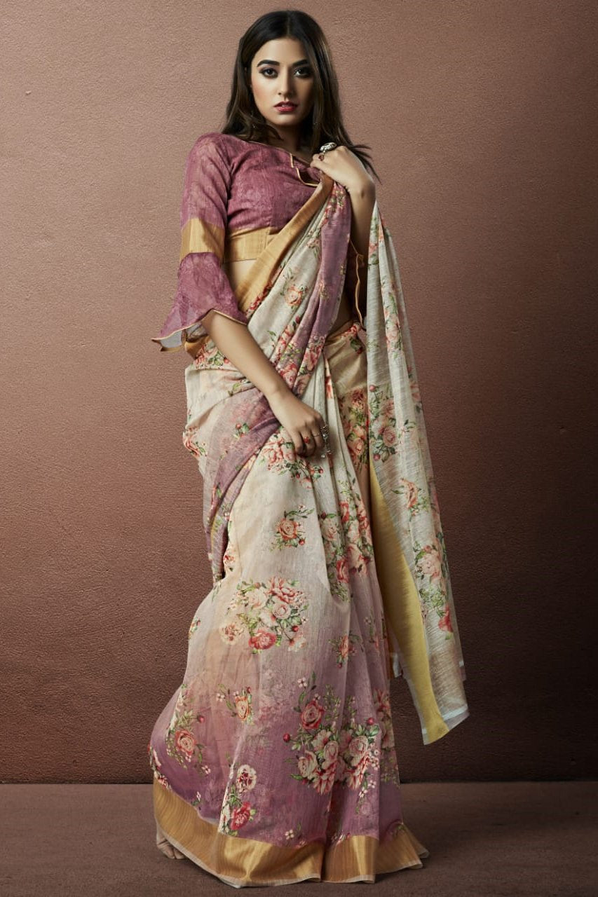 Wine Color Party Wear Linen Saree With Floral Printed