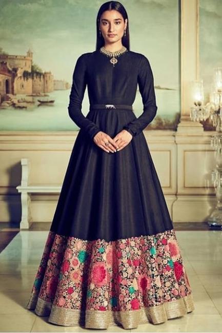 Brown Embellished Silk Gown Dress for women - Raswa - 4144271