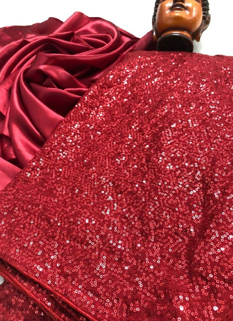Red Color Georgette Material Sequined Work Partywear Saree